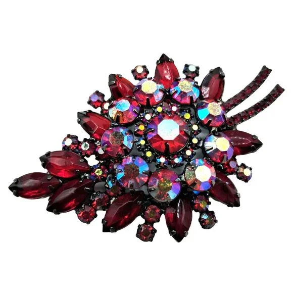 Juliana Brooch Earrings Jewelry Set Red Rhinestone Aurora Borealis Vintage Costu - Picture 11 of 12